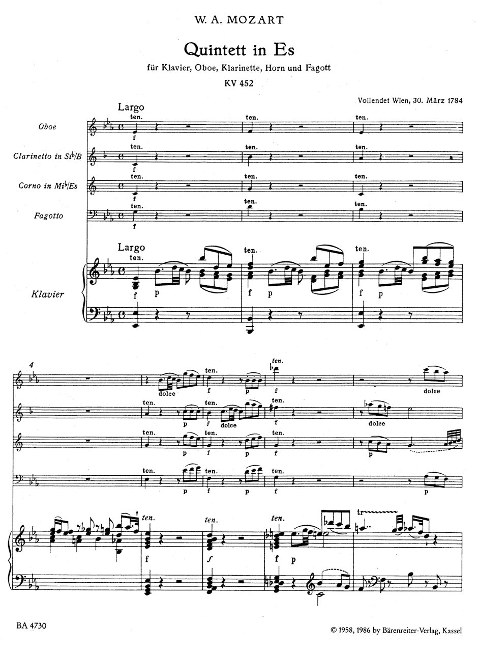 Piano Quintet K. 452 for Piano, Oboe, Clarinet, Horn & Bassoon