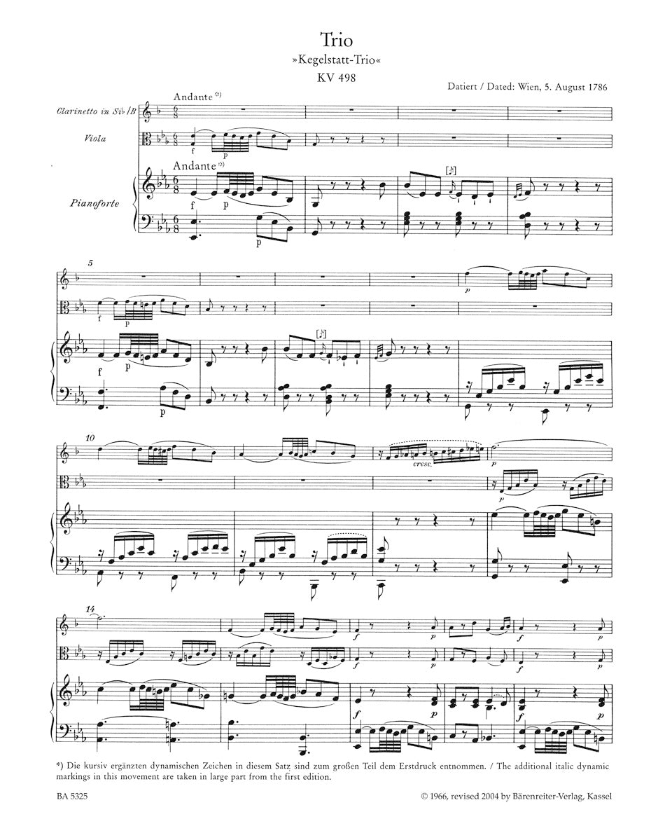 Trio in E-flat maj K. 498 "Kegelstatt" for Piano, Clarinet (Violin) & Viola