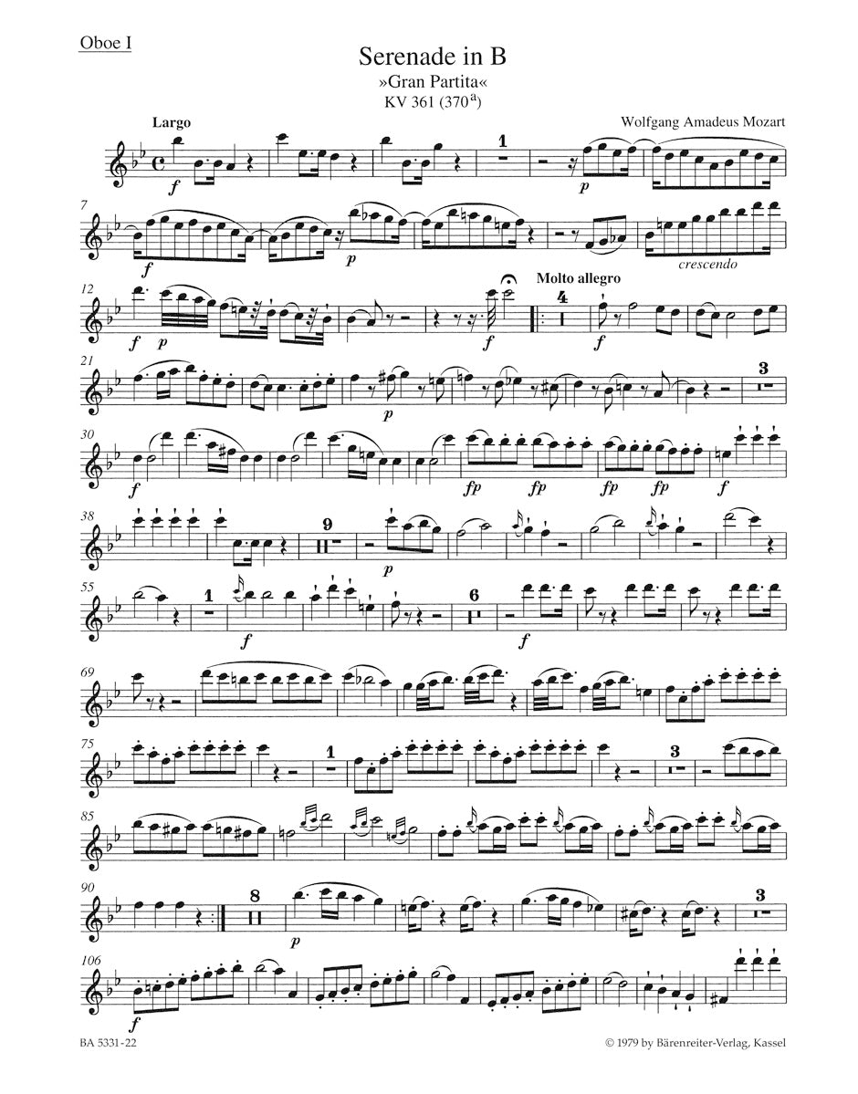 Serenade in B-flat maj "Gran Partita" K. 361 (370a) for two Oboes, two Clarinets, two Basset Horns, four Horns, two Bassoons and Double Bass