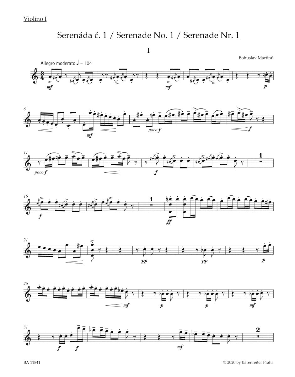 Serenade no. 1 H 217
for Clarinet (in B), Horn, Violin (3), Viola