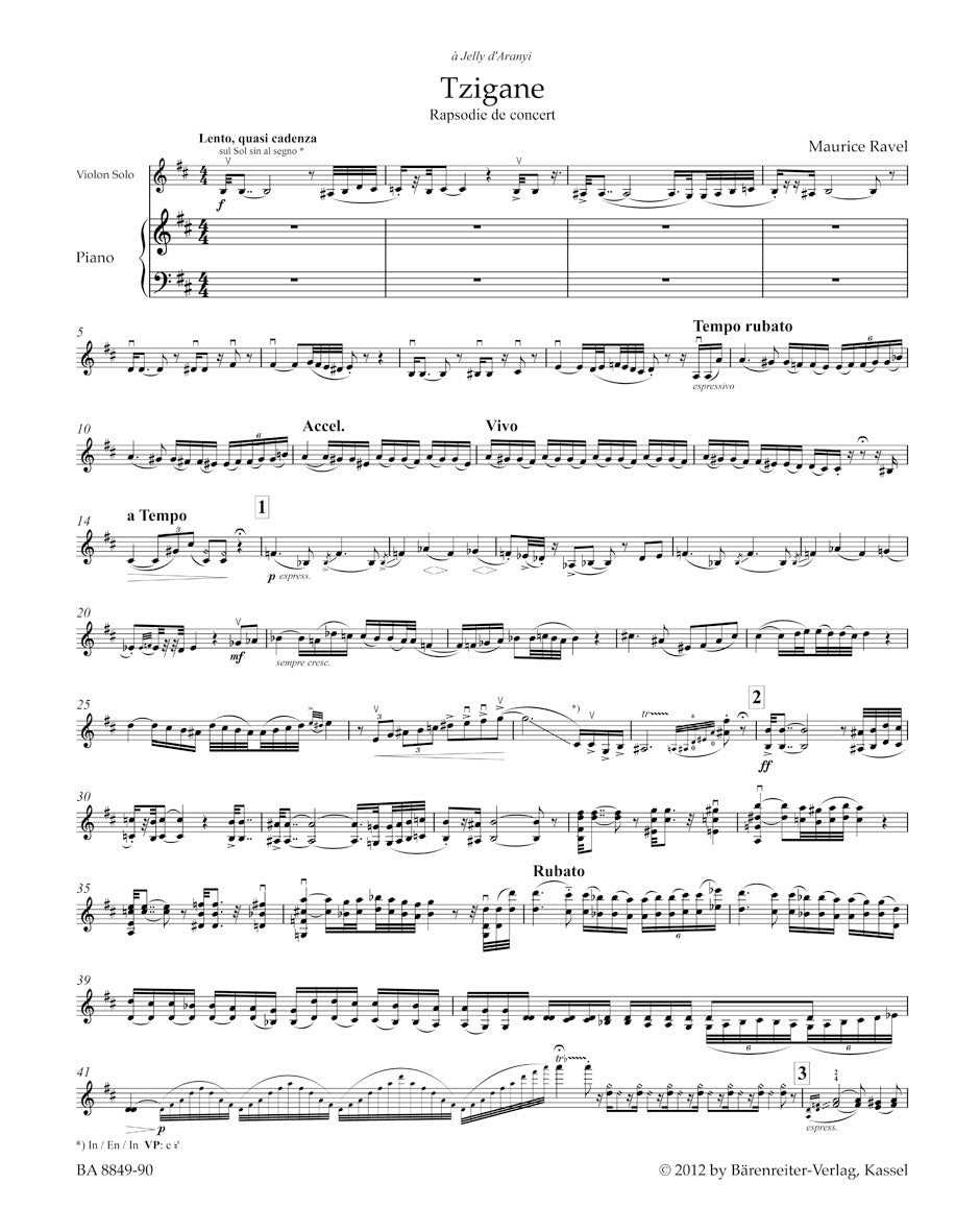 Tzigane. Rhapsody for Violin and Orchestra, Version for Violin and Piano