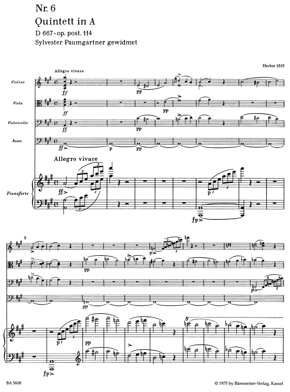 "Trout Quintet" in A maj D 667 op. post. 114 for Piano, Violin, Viola, Violoncello & Double Bass