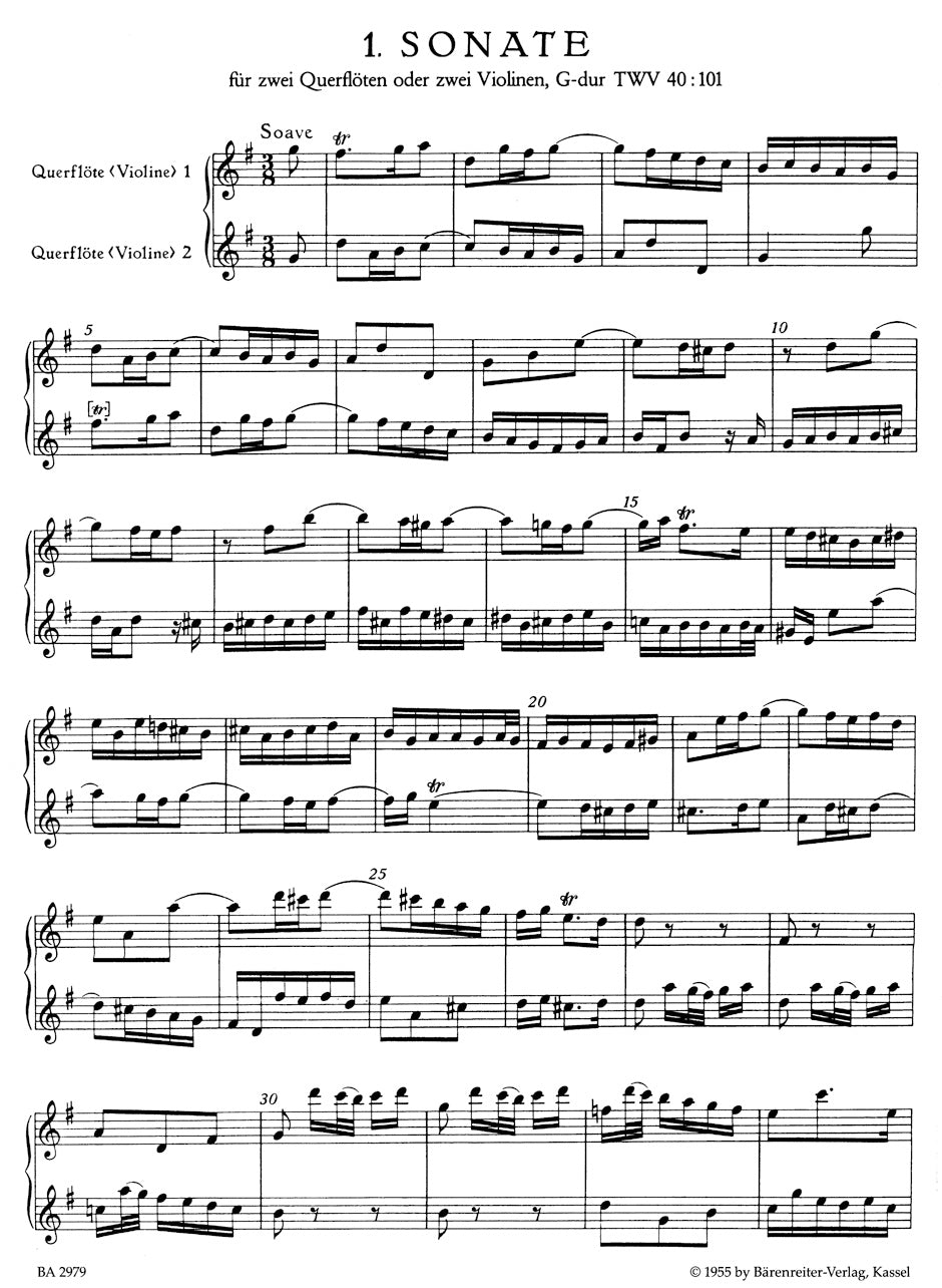 Six Sonatas op. 2 TWV 40:101-106 
for 2 Flutes (or 2 Violins)
Vol. 1: Sonatas Nos. 1-3