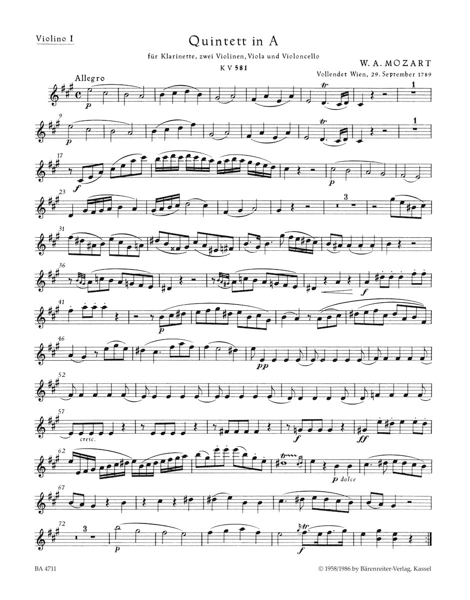 Quintet in A maj K. 581 for Clarinet, 2 Violins, Viola & Violoncello