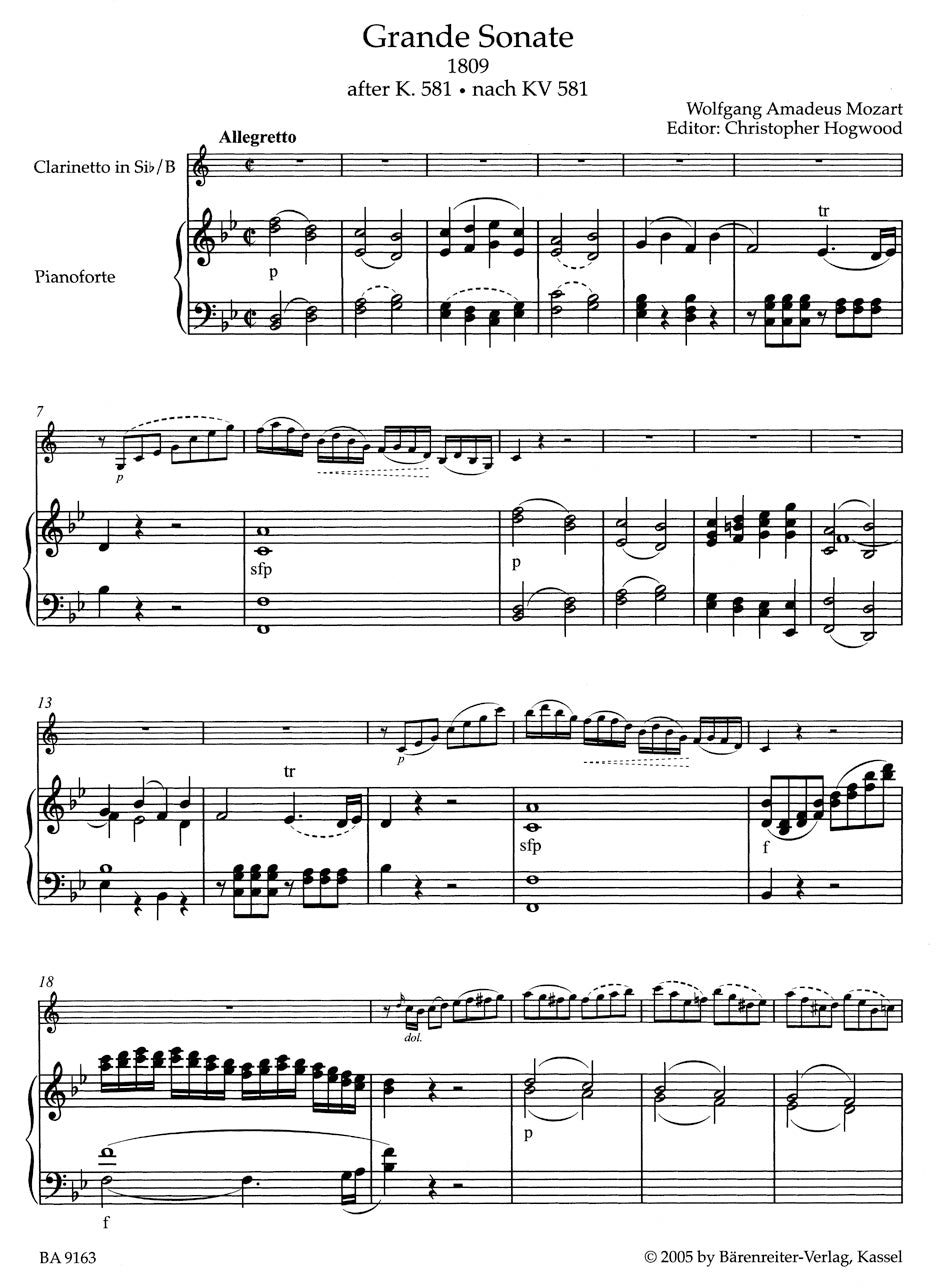 Grande Sonate. Arranged after the Clarinet Quintet K. 581
Edition for Clarinet in B-flat (or Violin) and Piano