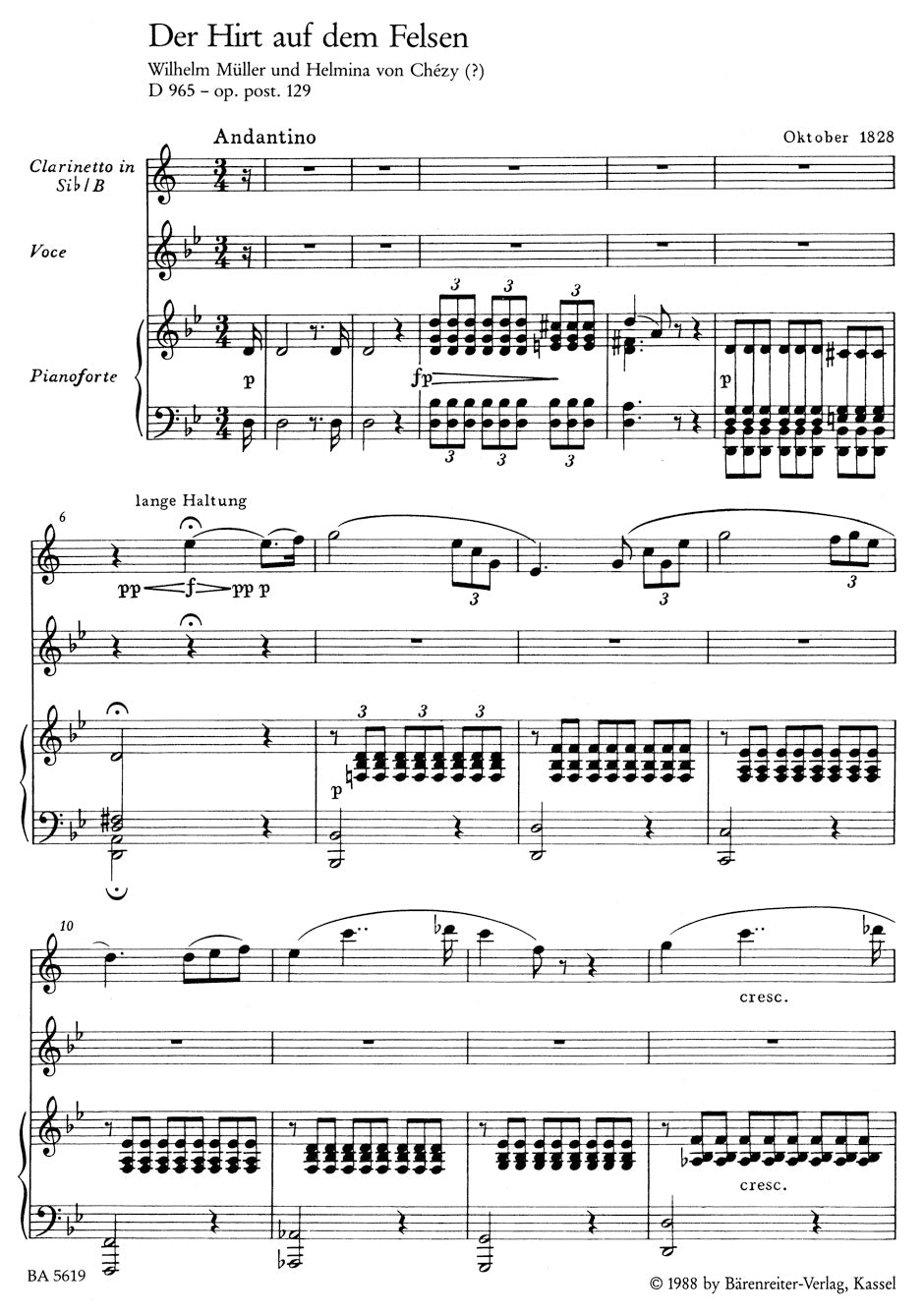 The Sheperd on the Rock D 965 op. post 119 for High Voice, Clarinet and Piano