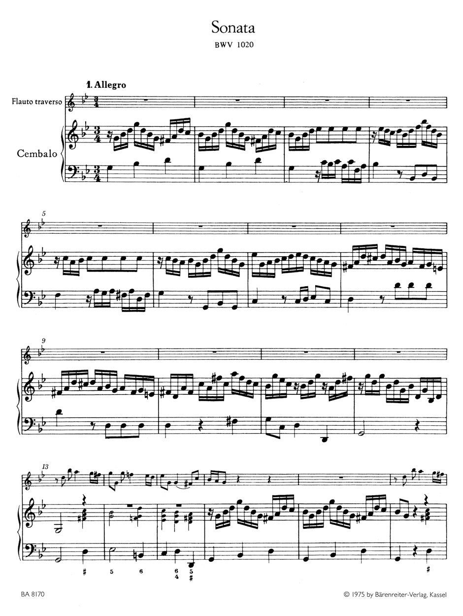 Sonata in G min BWV 1020 for Flute and obbligato Harpsichord