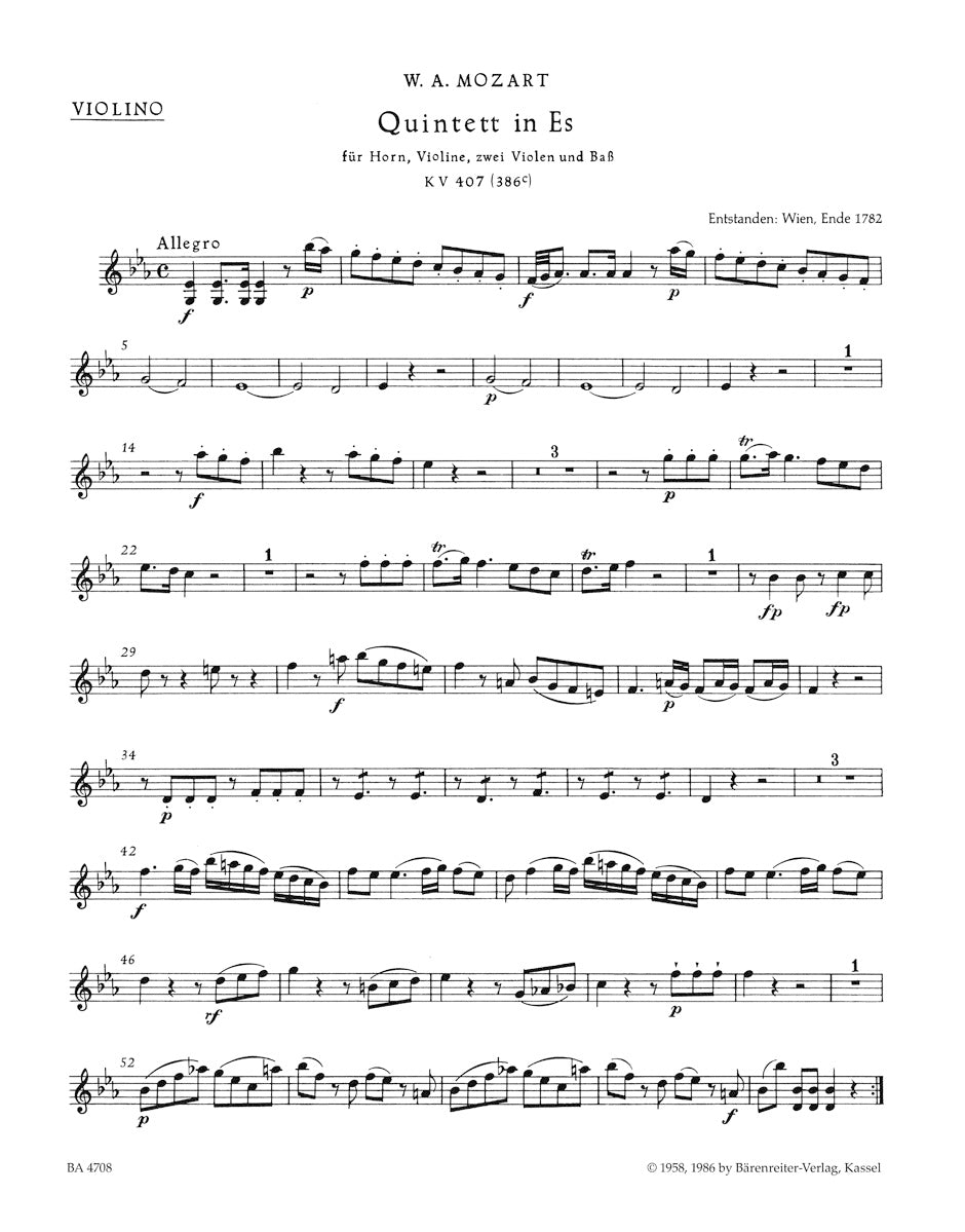 Quintet in E-flat maj K. 407 for Horn, Violin, 
2 Violas & Bass (Violoncello )