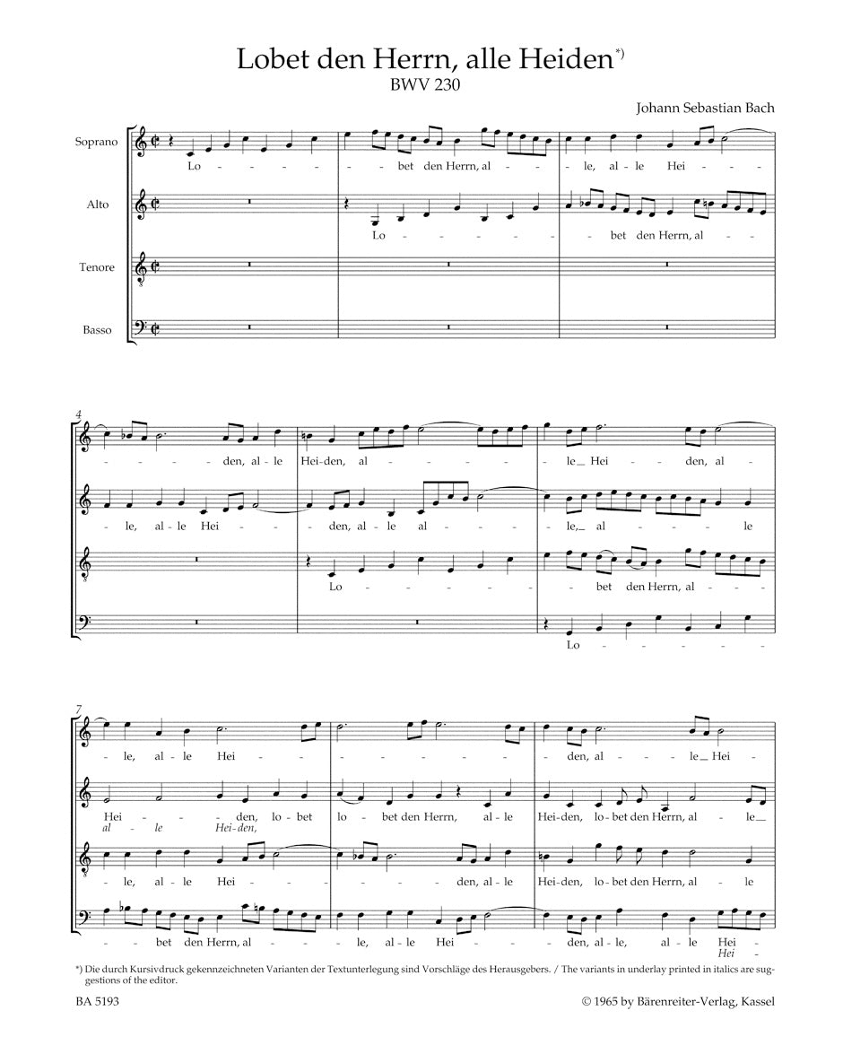 Lobet den Herrn, alle Heiden BWV 230. Motet for mixed Choir (SATB), instruments ad lib.