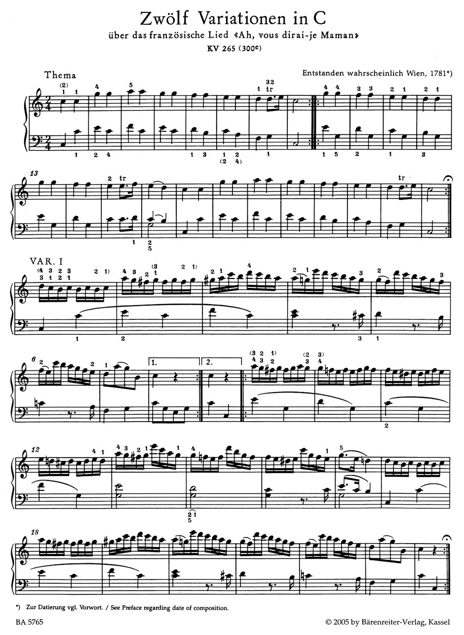 Ah, vous dirai-je, Maman. 
12 Variations in C maj K. 265 (300e)