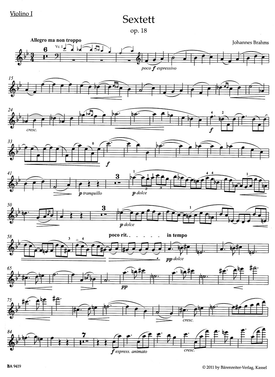 Sextet in B-flat maj op. 18 for two Violins, 2 Violas and 2 Violoncelli