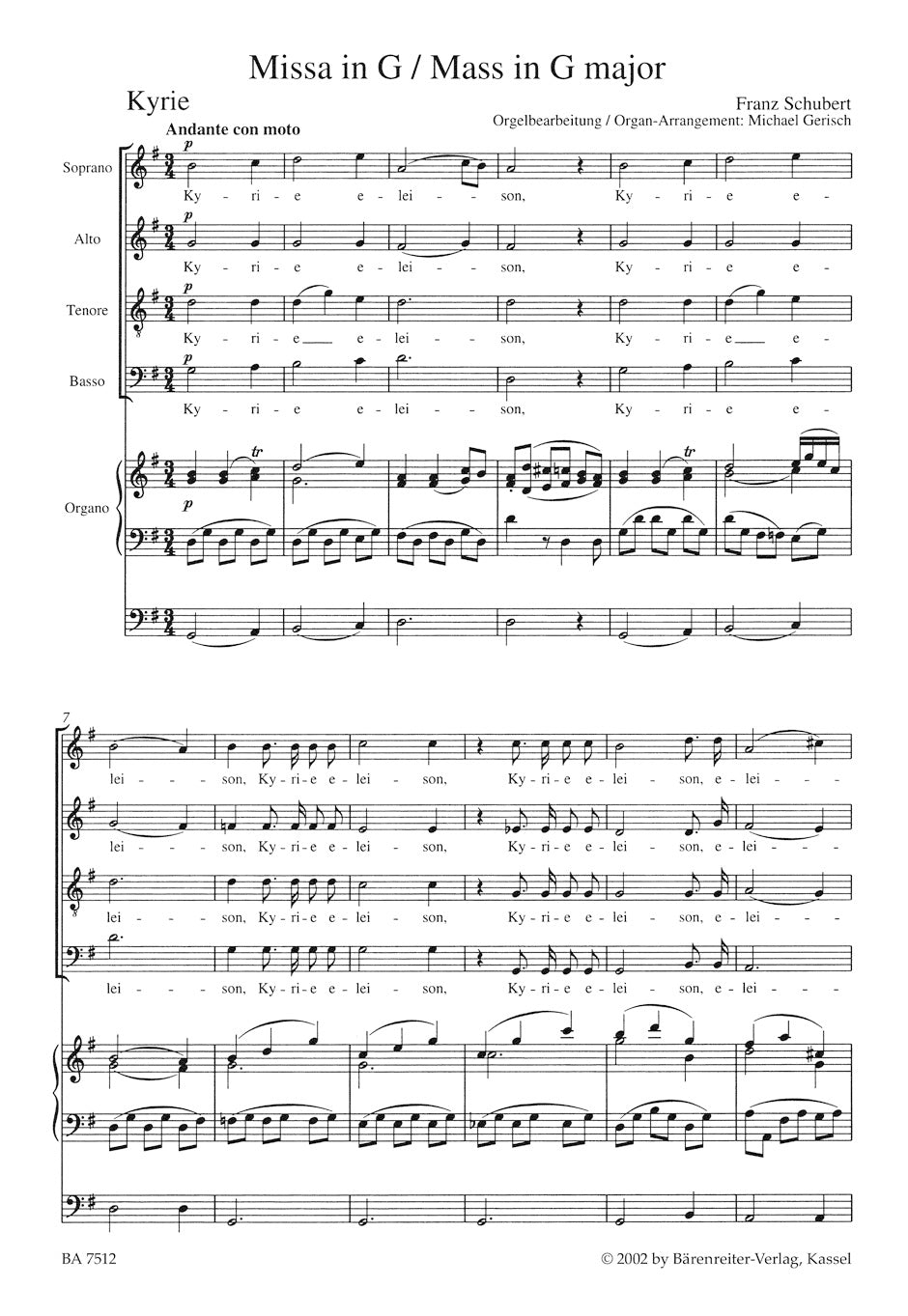 Mass in G maj D 167. Arranged for Solo Voices, Chorus and Organ