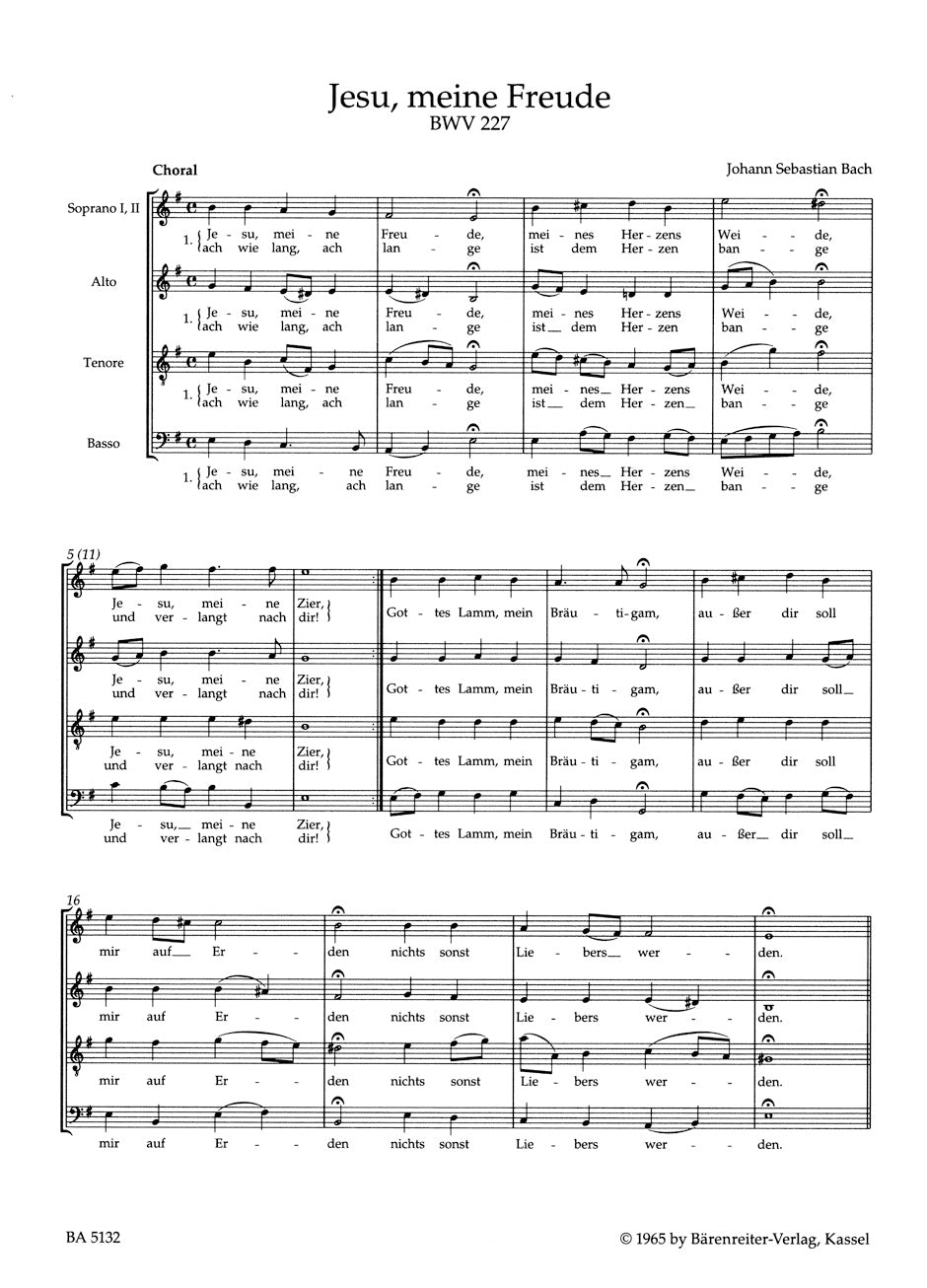 Jesu meine Freude BWV 227. Motet for mixed Choir (SSATB), instruments ad lib.