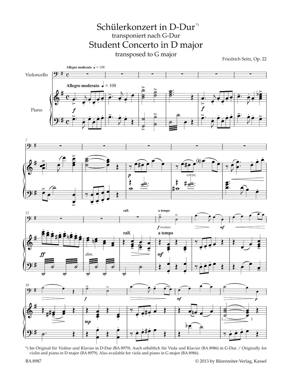 Student Concerto in D maj op. 22
Transposed to G maj and arranged for Cello