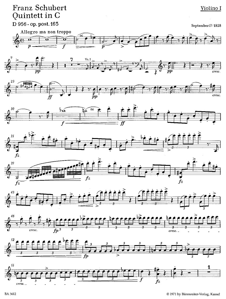 Quintet in C maj D 956 op. post. 163 for 2 Violins, Viola & 2 Violoncello s