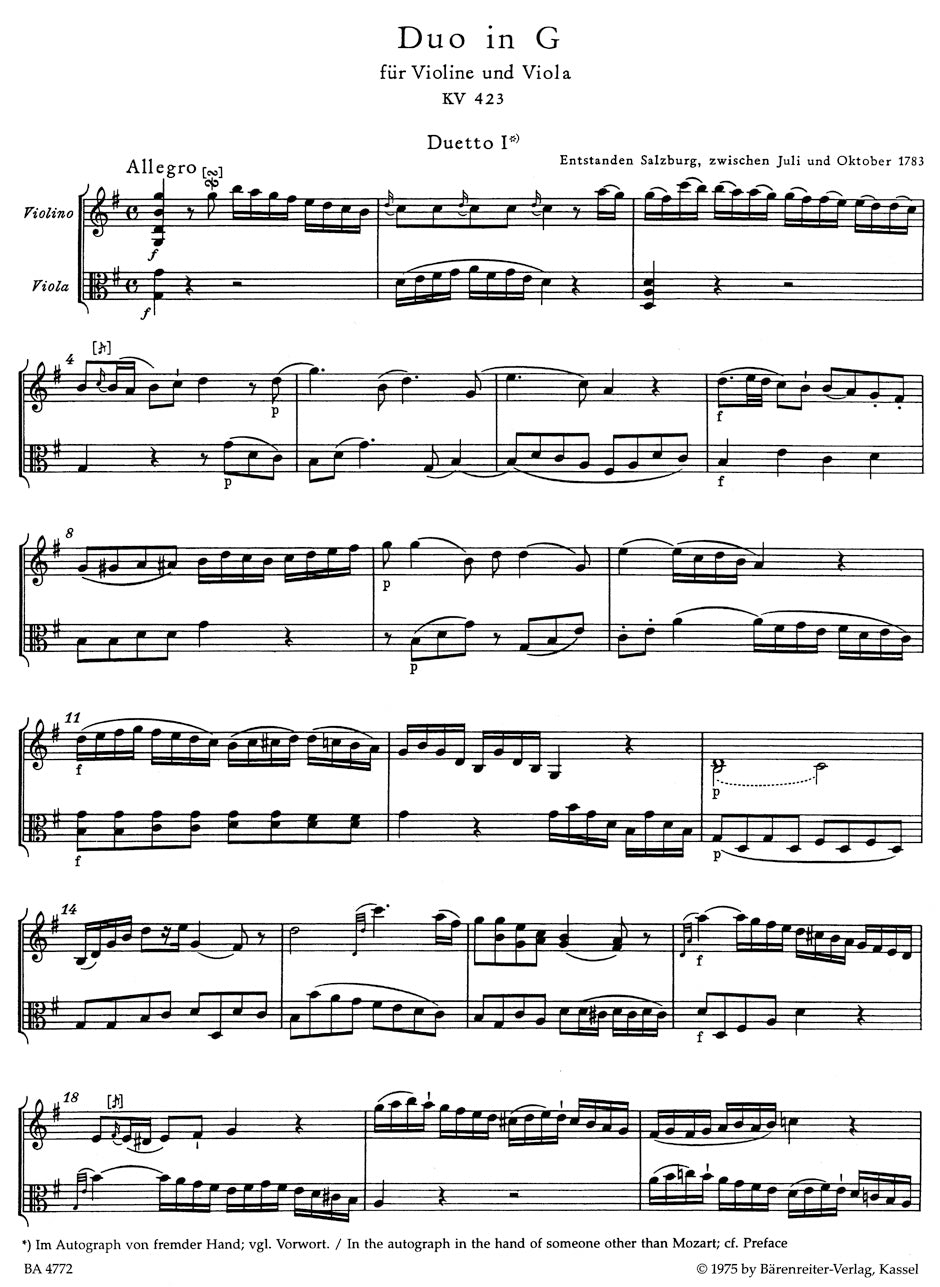 Duos K. 423, 424 for Violin & Viola