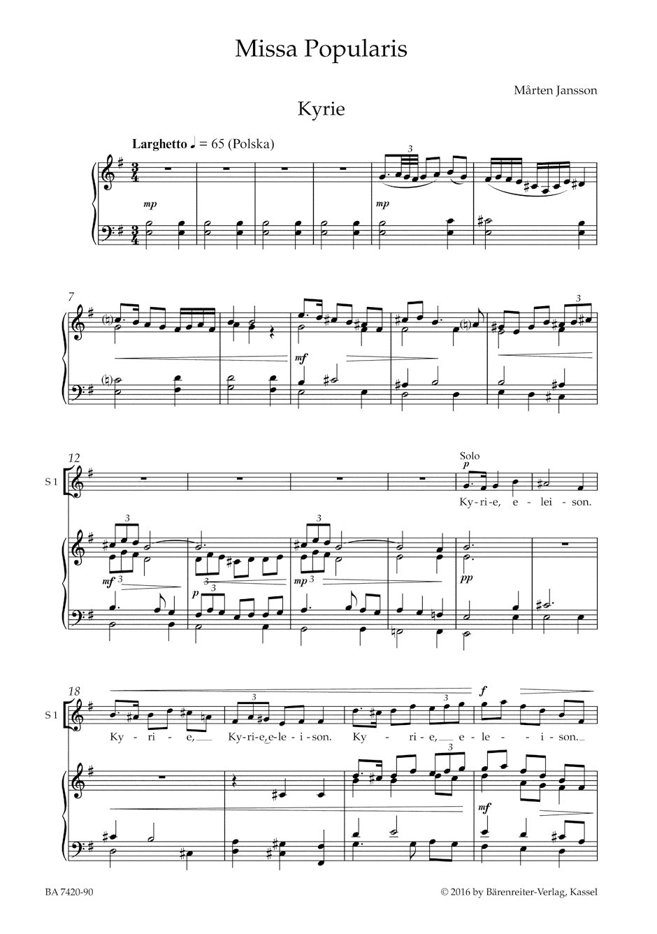 Missa Popularis. For mixed Choir SSA (TB) and String Quartet