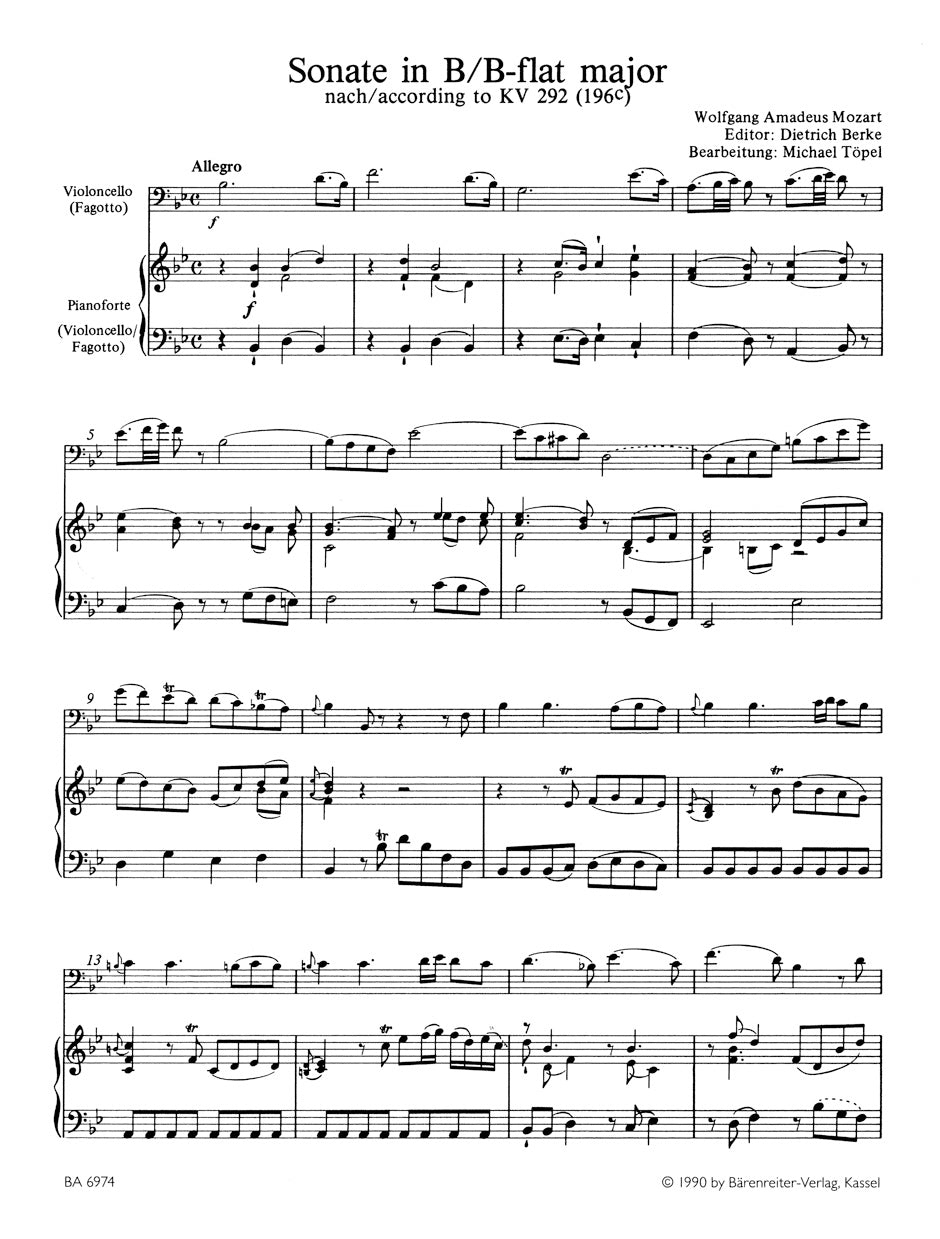 Sonata for Violoncello (Bassoon) and Piano according K. 292 (196c) or for two Bass Instruments K. 292 (196c) in B-flat major
