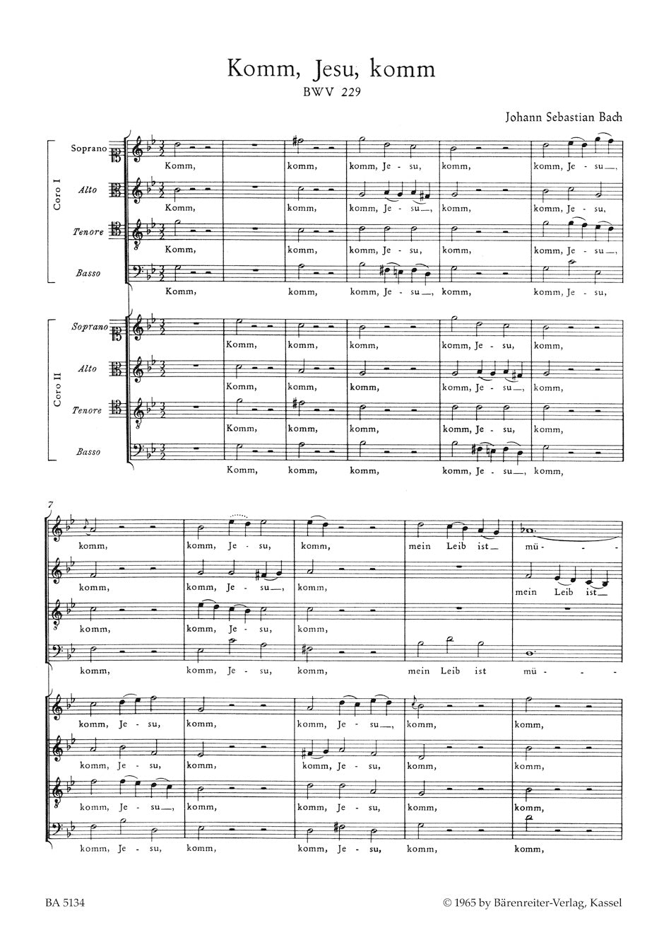 Komm, Jesu, komm BWV 229. Motet for two four-part mixed Choirs (SATB + SATB), instruments ad lib.