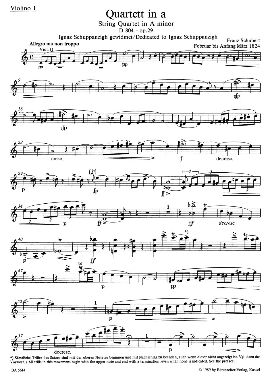 Quartet in A min "Rosamunde" D 804 op. 29, "Quartettsatz" in C min D 703