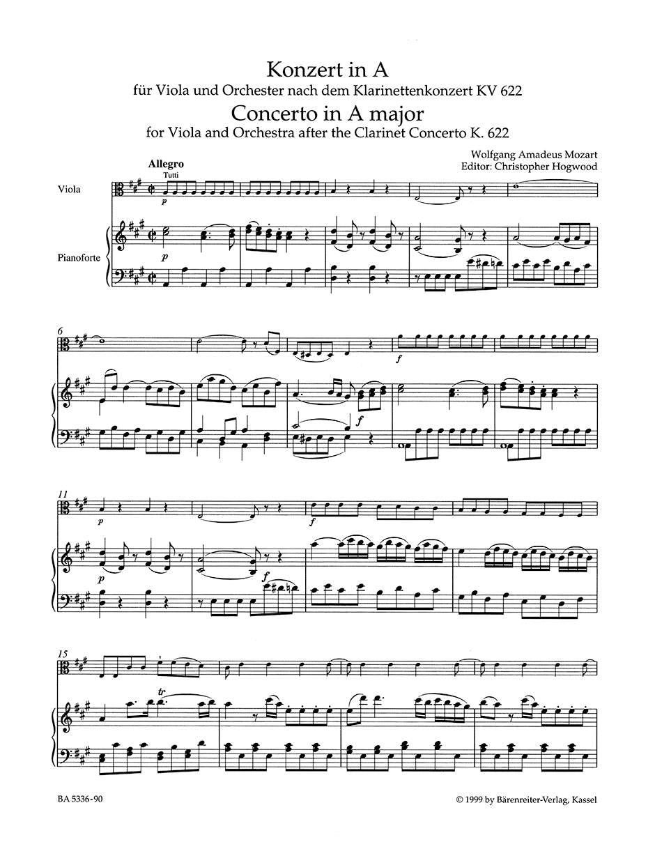 Concerto in A maj for Viola and Orchestra after the Clarinet concerto K. 622