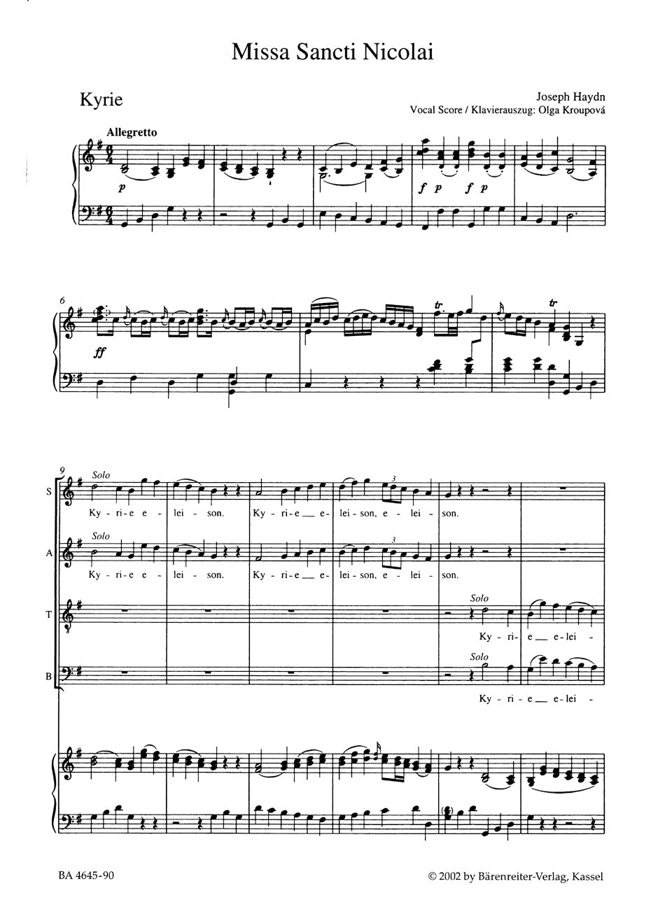 Missa Sancti Nicolai "Nicolai Mass"  
Hob. XXII:6